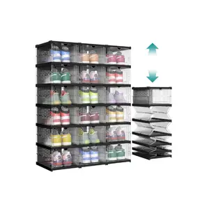 SONGMICS HOME Collapsible Shoe Boxes - Foldable Stackable Portable Organizer for US Size 13 Transparent PP Plastic Racks